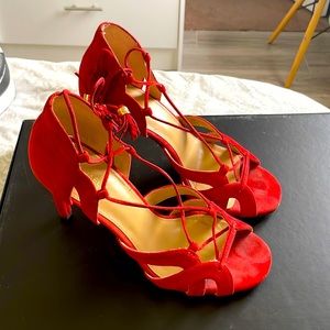 MICHAEL KORS Sandals Mirabel Black Suede Leather Crimson Wrap Tassels